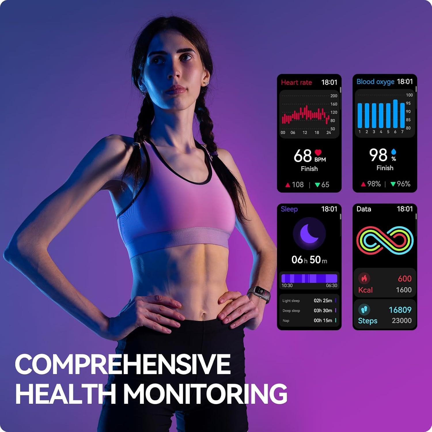 AMOLED Unisex Fitness Tracking Smartwatch with Heart Rate, Blood Oxygen and Sleep Monitoring, Waterproof Function, Pedometer, Swimming Health Activity Tracking