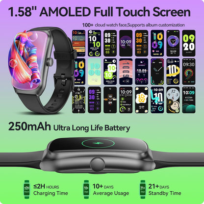 AMOLED Unisex Fitness Tracking Smartwatch with Heart Rate, Blood Oxygen and Sleep Monitoring, Waterproof Function, Pedometer, Swimming Health Activity Tracking