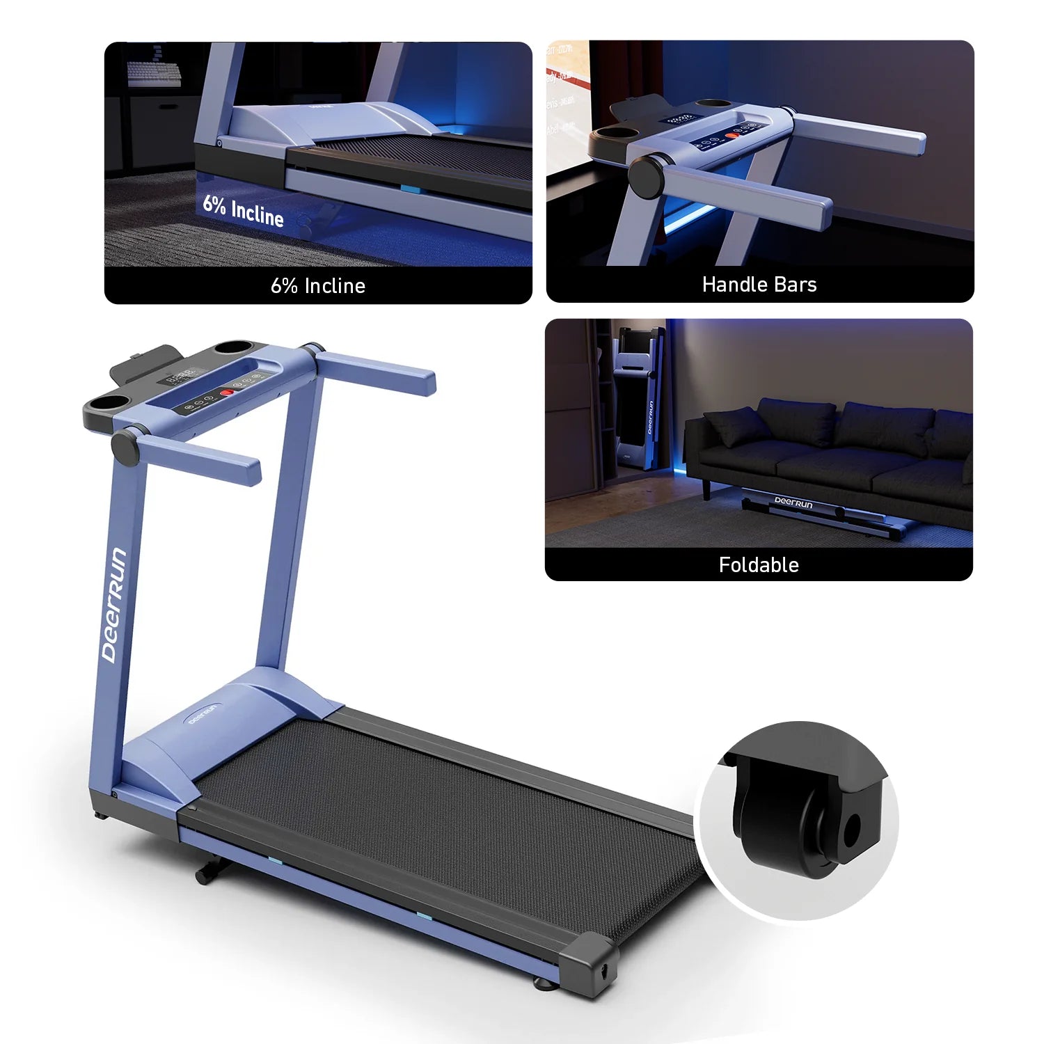 Deerrun A1 Pro Move+ 6% Incline Foldable Treadmill——2025 Upgraded Chip & NFC Support | 350Lbs, 10Mph Blue